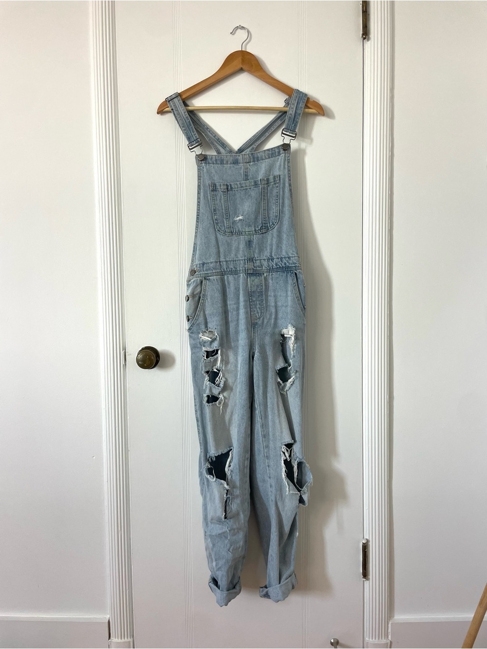 Designer Light Blue Distressed Denim Overalls - Relaxed Fit
